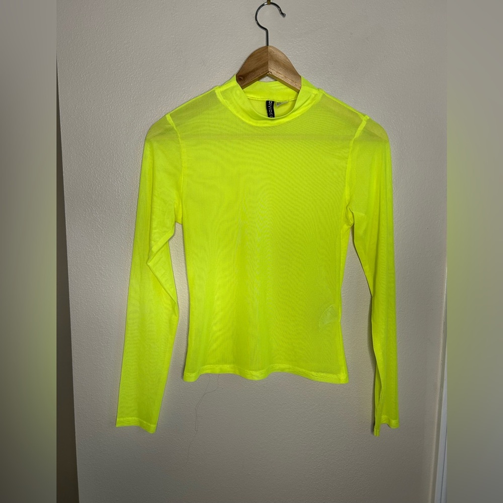 H&M Divided Neon Yellow Fitted Mock Neck Mesh Long Sleeve Top Size S